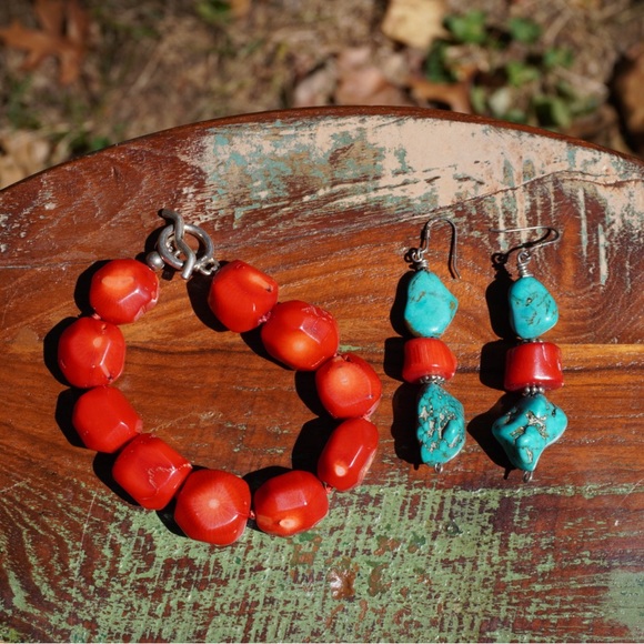 Red Coral / Turquoise Bracelet and Earring Set - Picture 12 of 16